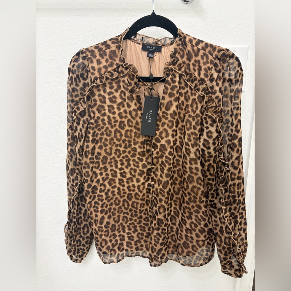 Have Brown Leopard Print Ruffle Long-Sleeve Blouse